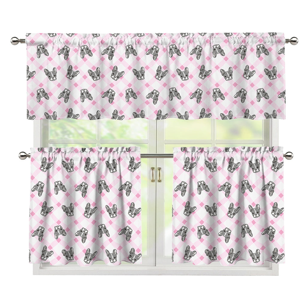 Pink Boston Terrier Plaid Print 3 Piece Kitchen Curtains