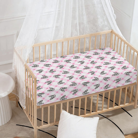 Pink Boston Terrier Plaid Print Baby Crib Sheet