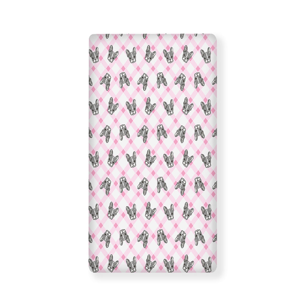 Pink Boston Terrier Plaid Print Baby Crib Sheet