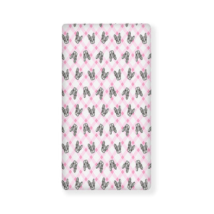 Pink Boston Terrier Plaid Print Baby Crib Sheet