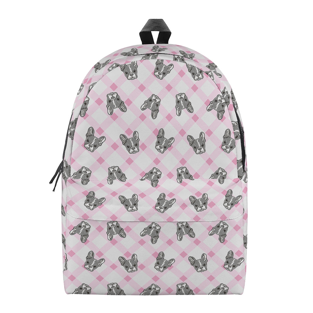 Pink Boston Terrier Plaid Print Backpack