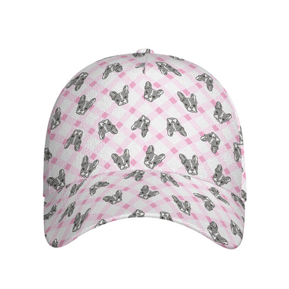 Pink Boston Terrier Plaid Print Baseball Cap
