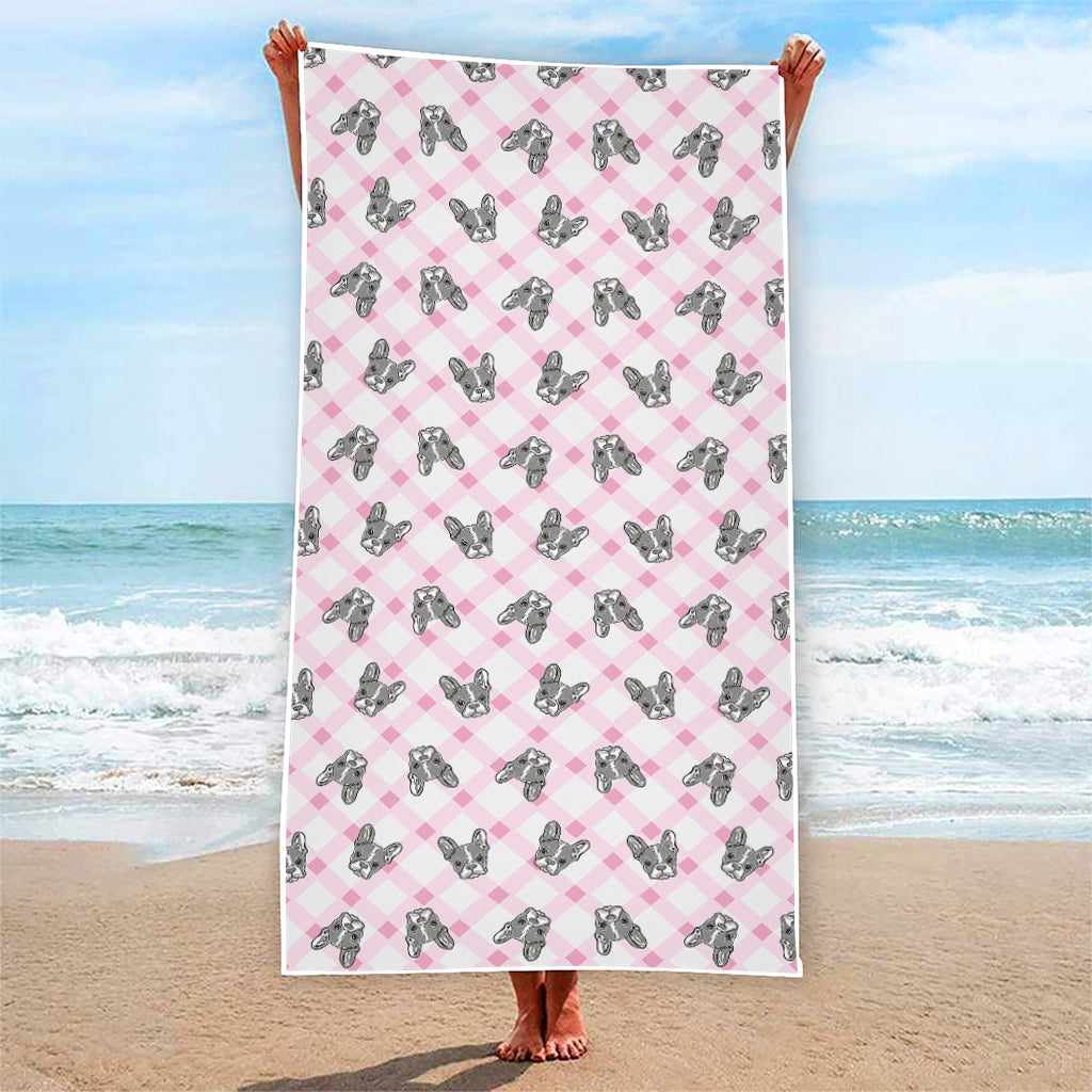 Pink Boston Terrier Plaid Print Beach Towel