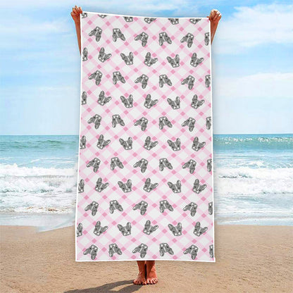 Pink Boston Terrier Plaid Print Beach Towel
