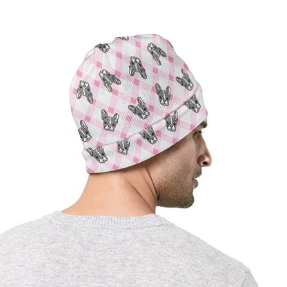 Pink Boston Terrier Plaid Print Beanie