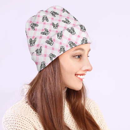 Pink Boston Terrier Plaid Print Beanie