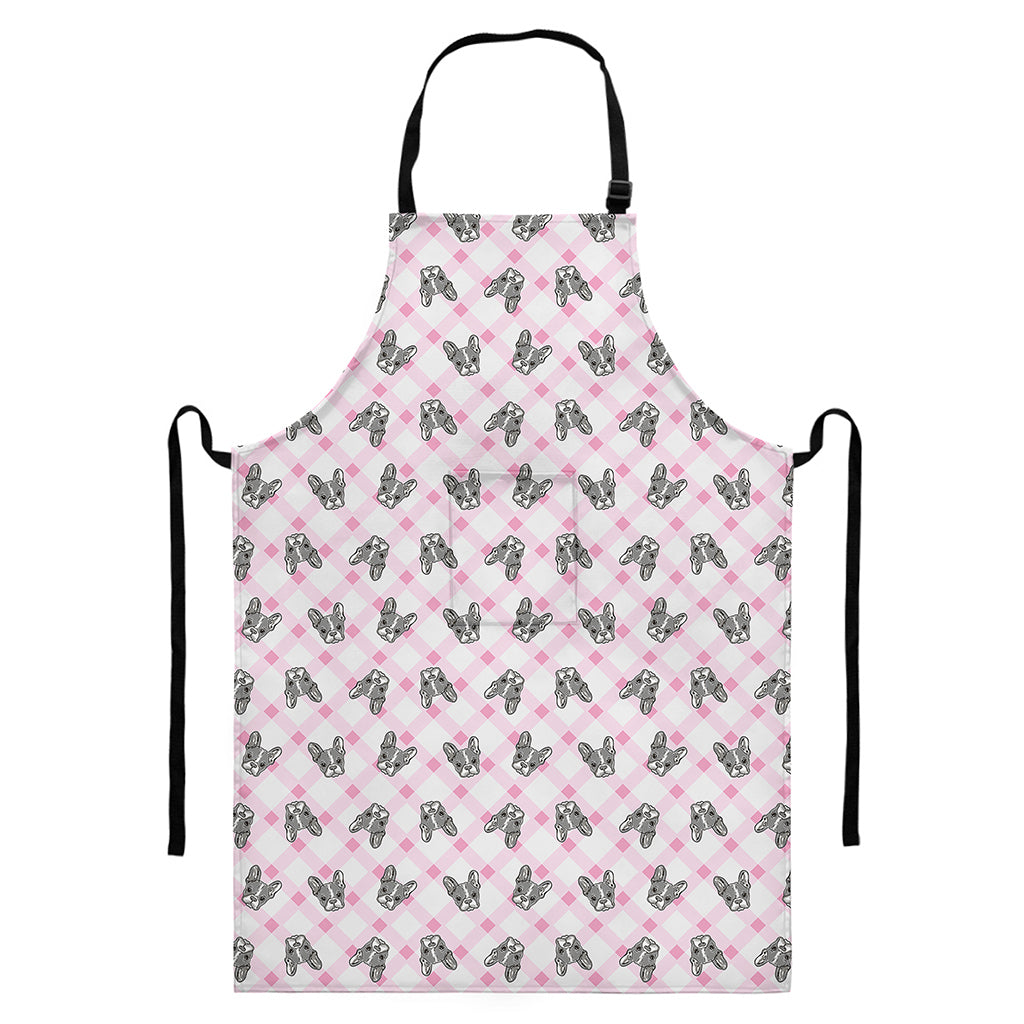 Pink Boston Terrier Plaid Print Bib Apron With Pocket