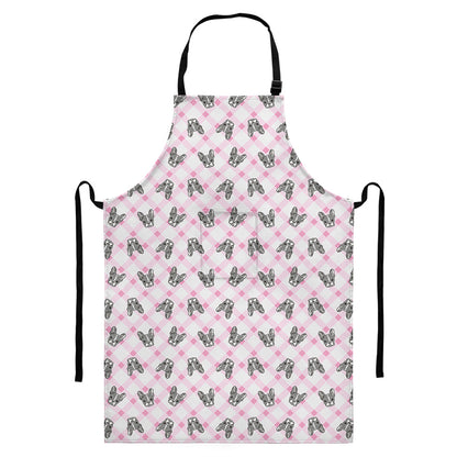 Pink Boston Terrier Plaid Print Bib Apron With Pocket