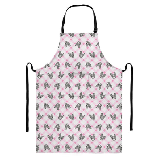 Pink Boston Terrier Plaid Print Bib Apron With Pocket
