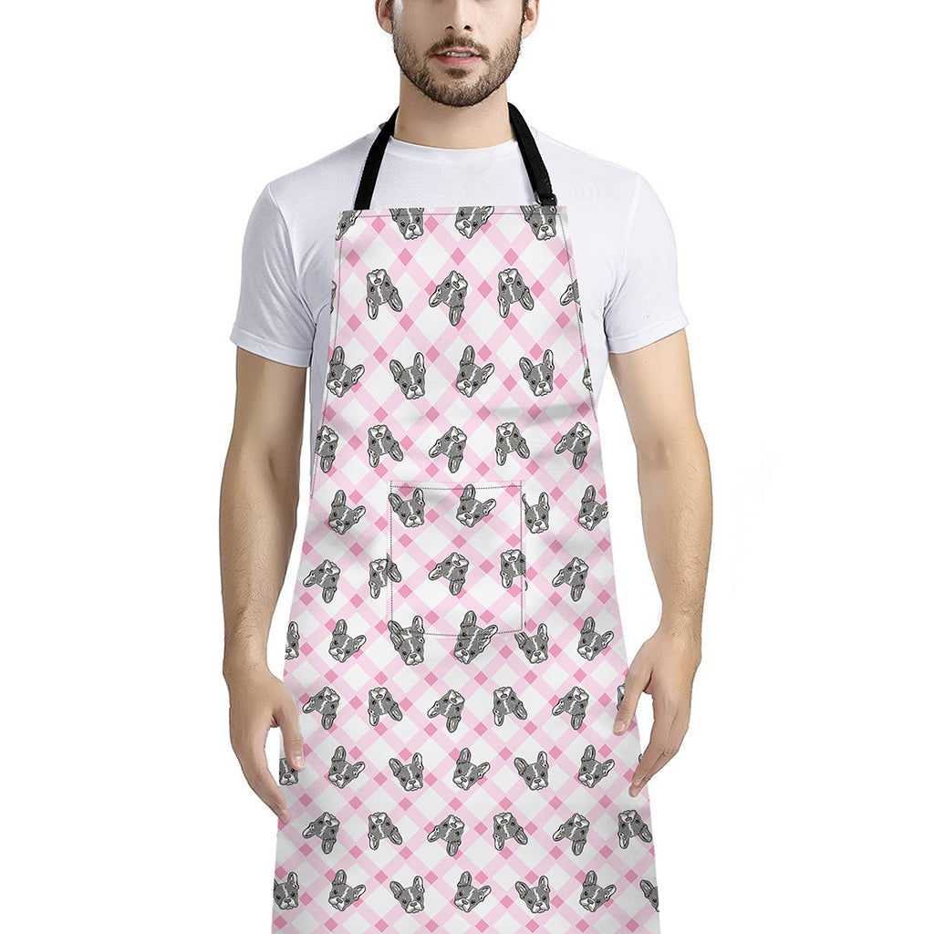 Pink Boston Terrier Plaid Print Bib Apron With Pocket