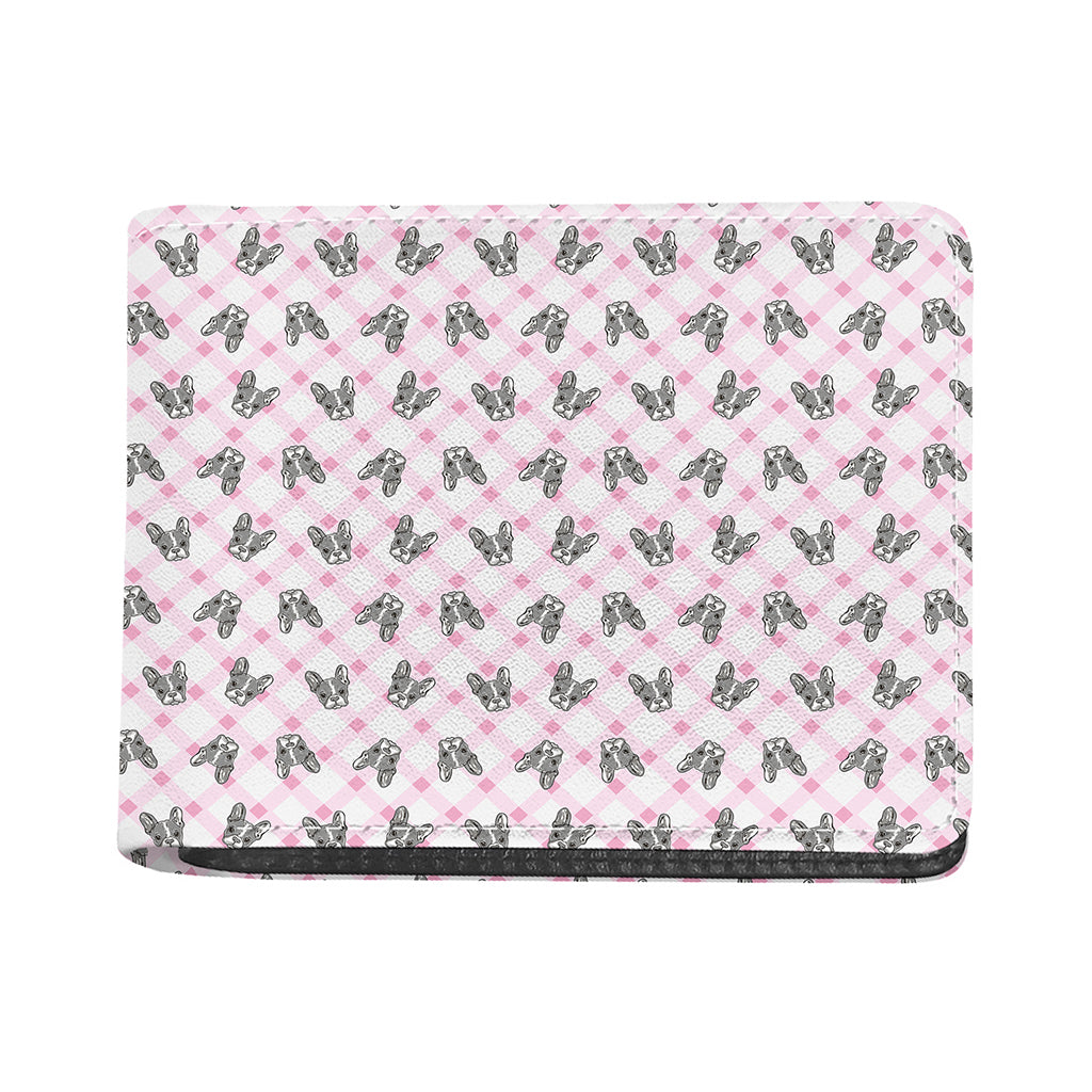 Pink Boston Terrier Plaid Print Bifold Wallet