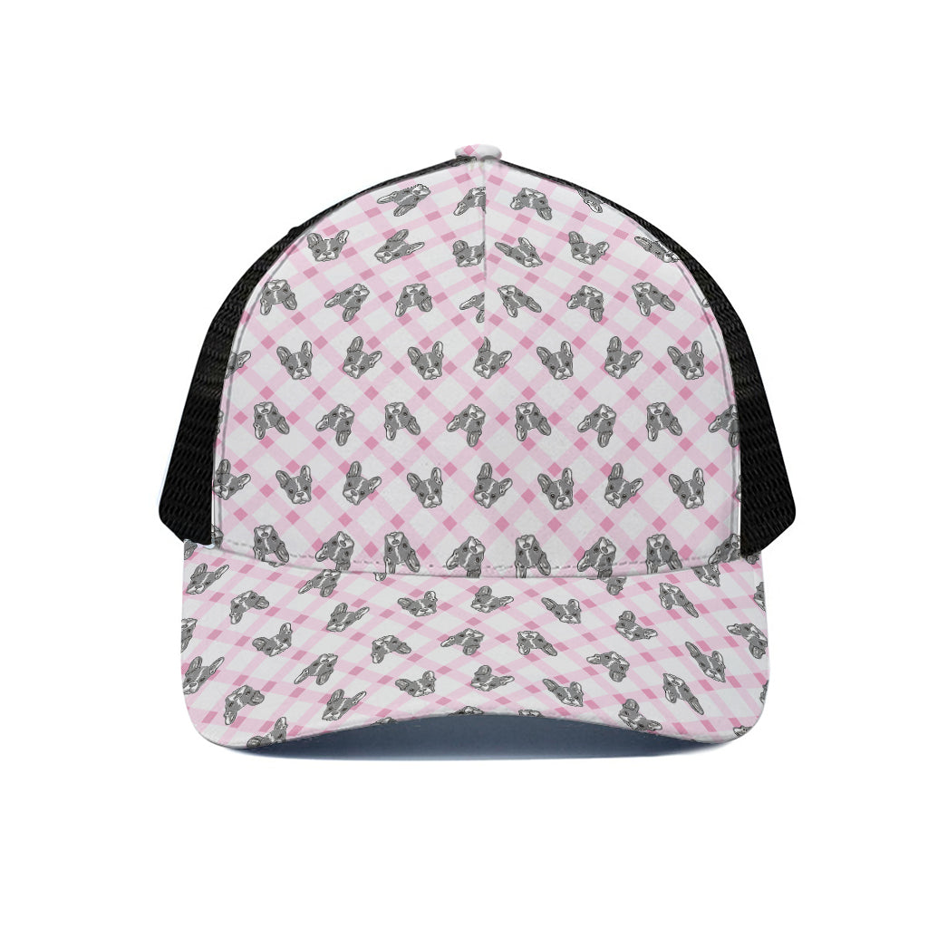 Pink Boston Terrier Plaid Print Black Mesh Trucker Cap