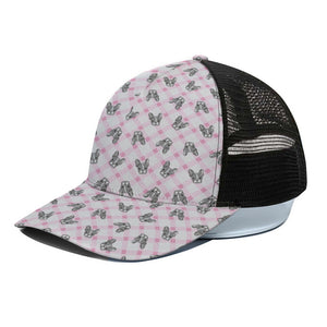 Pink Boston Terrier Plaid Print Black Mesh Trucker Cap