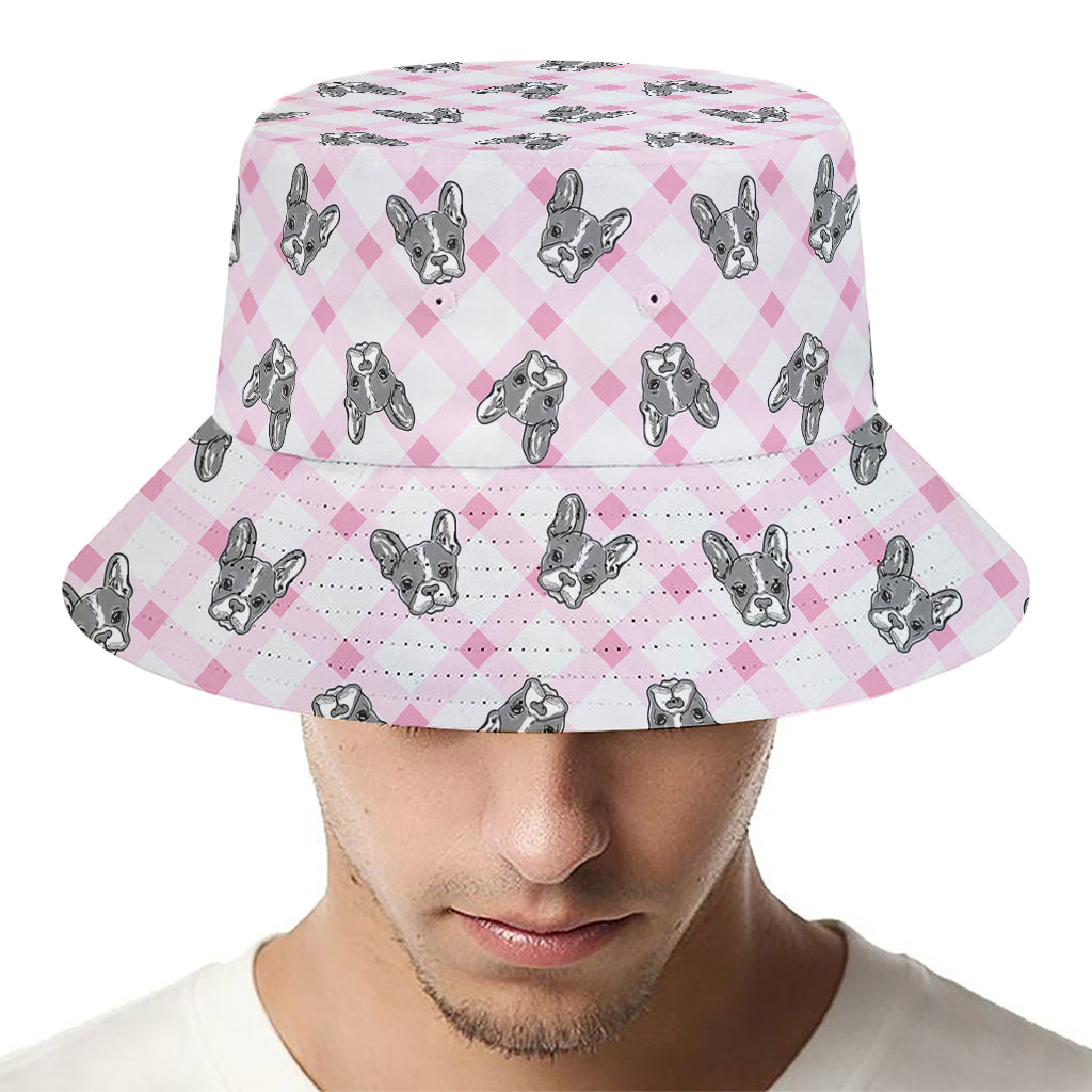 Pink Boston Terrier Plaid Print Bucket Hat