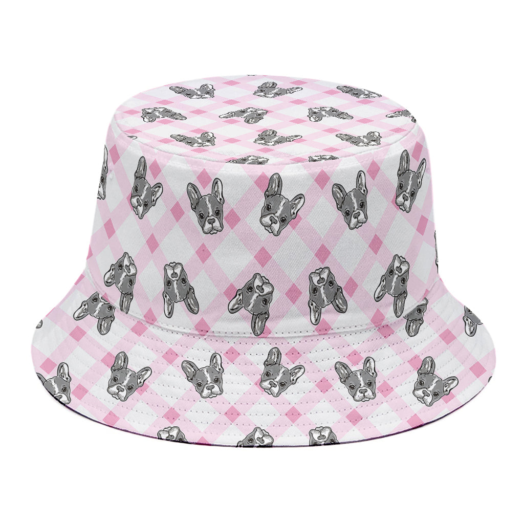 Pink Boston Terrier Plaid Print Bucket Hat