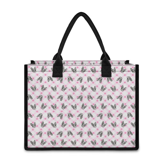 Pink Boston Terrier Plaid Print Canvas Tote Bag