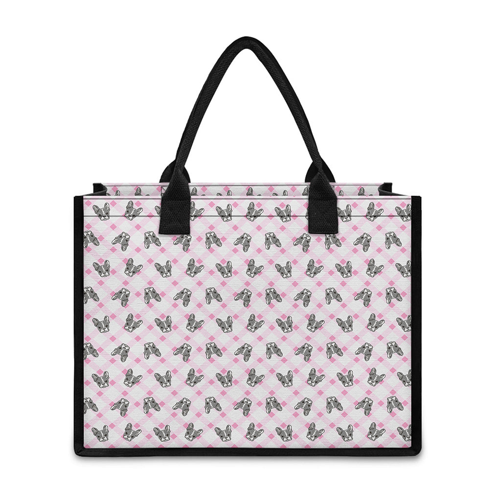 Pink Boston Terrier Plaid Print Canvas Tote Bag
