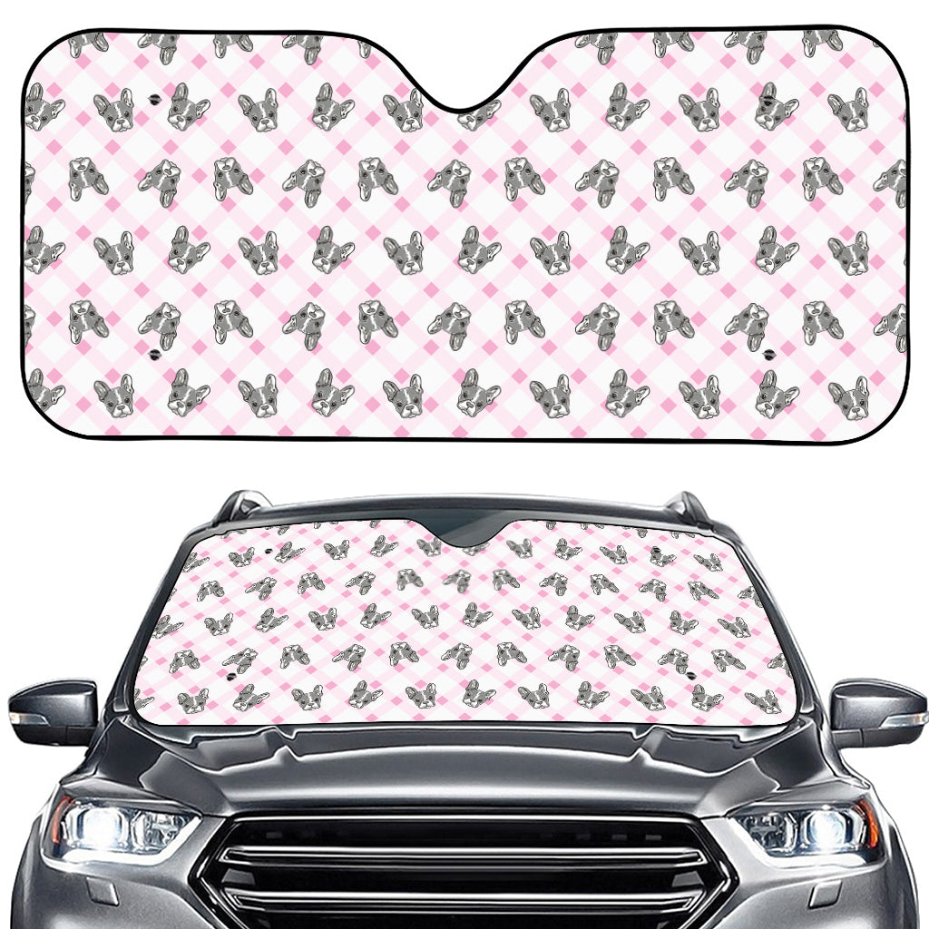 Pink Boston Terrier Plaid Print Car Windshield Sun Shade