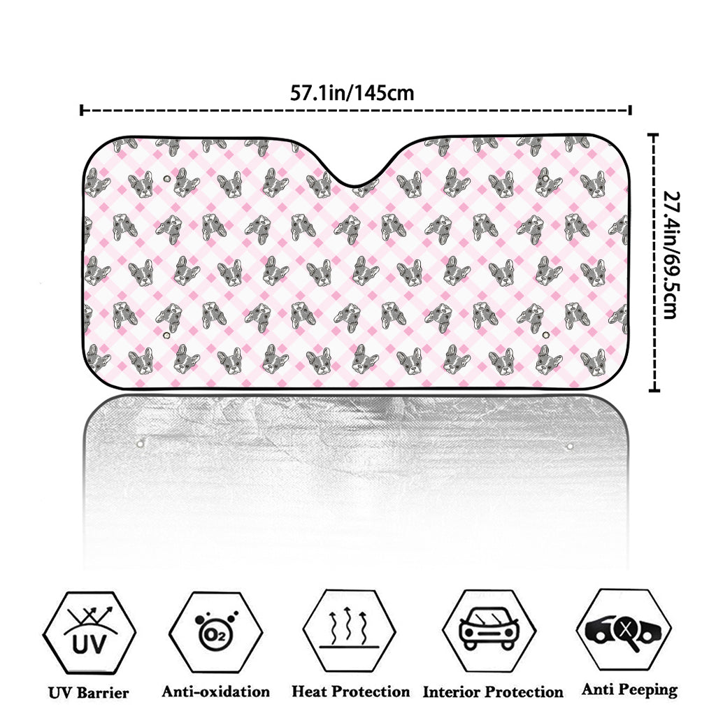 Pink Boston Terrier Plaid Print Car Windshield Sun Shade