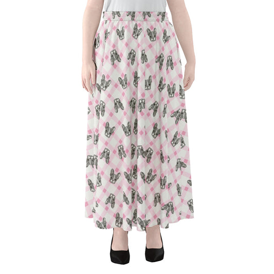 Pink Boston Terrier Plaid Print Chiffon Maxi Skirt