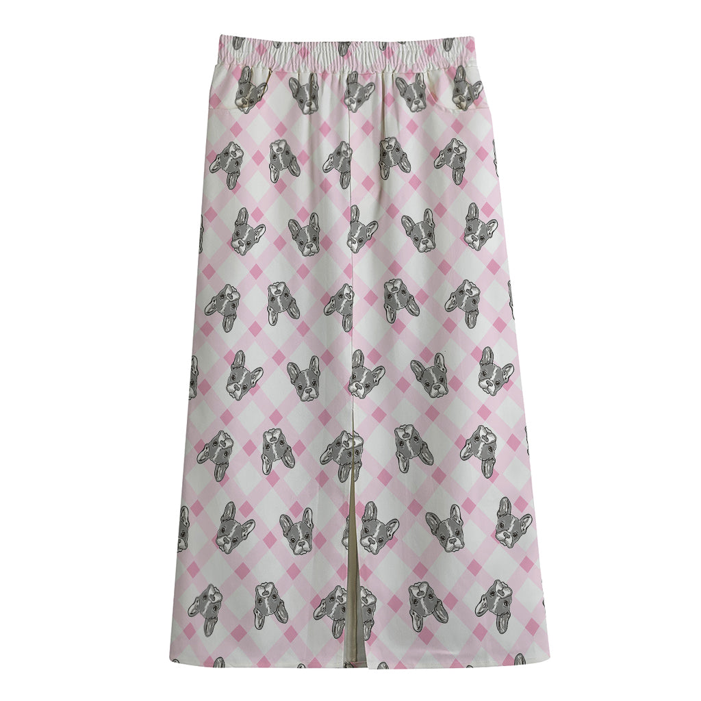 Pink Boston Terrier Plaid Print Cotton Front Slit Maxi Skirt