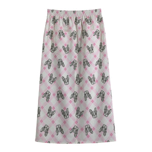 Pink Boston Terrier Plaid Print Cotton Front Slit Maxi Skirt