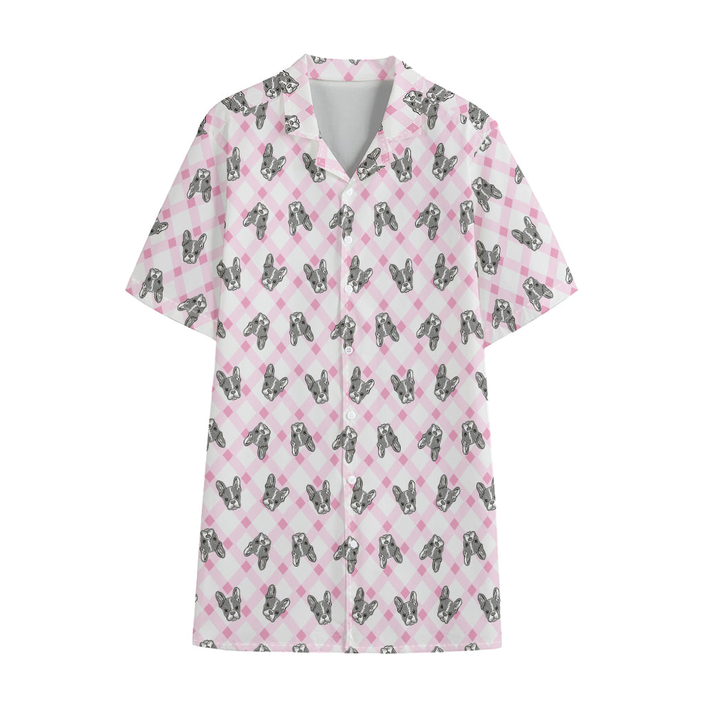 Pink Boston Terrier Plaid Print Cotton Hawaiian Shirt