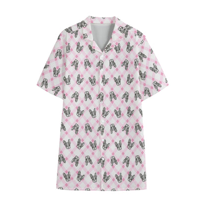 Pink Boston Terrier Plaid Print Cotton Hawaiian Shirt