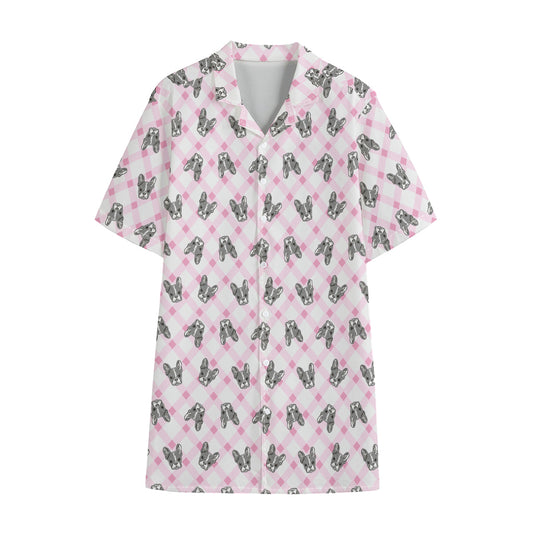 Pink Boston Terrier Plaid Print Cotton Hawaiian Shirt