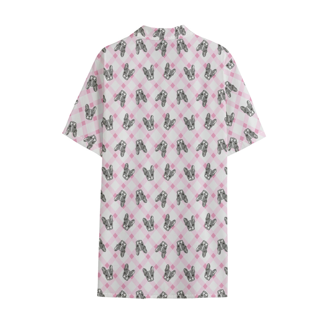 Pink Boston Terrier Plaid Print Cotton Hawaiian Shirt
