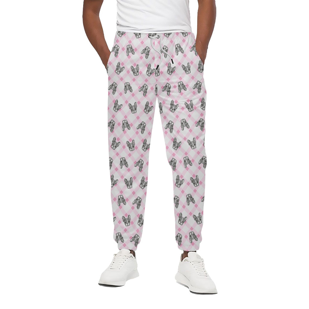 Pink Boston Terrier Plaid Print Cotton Pants