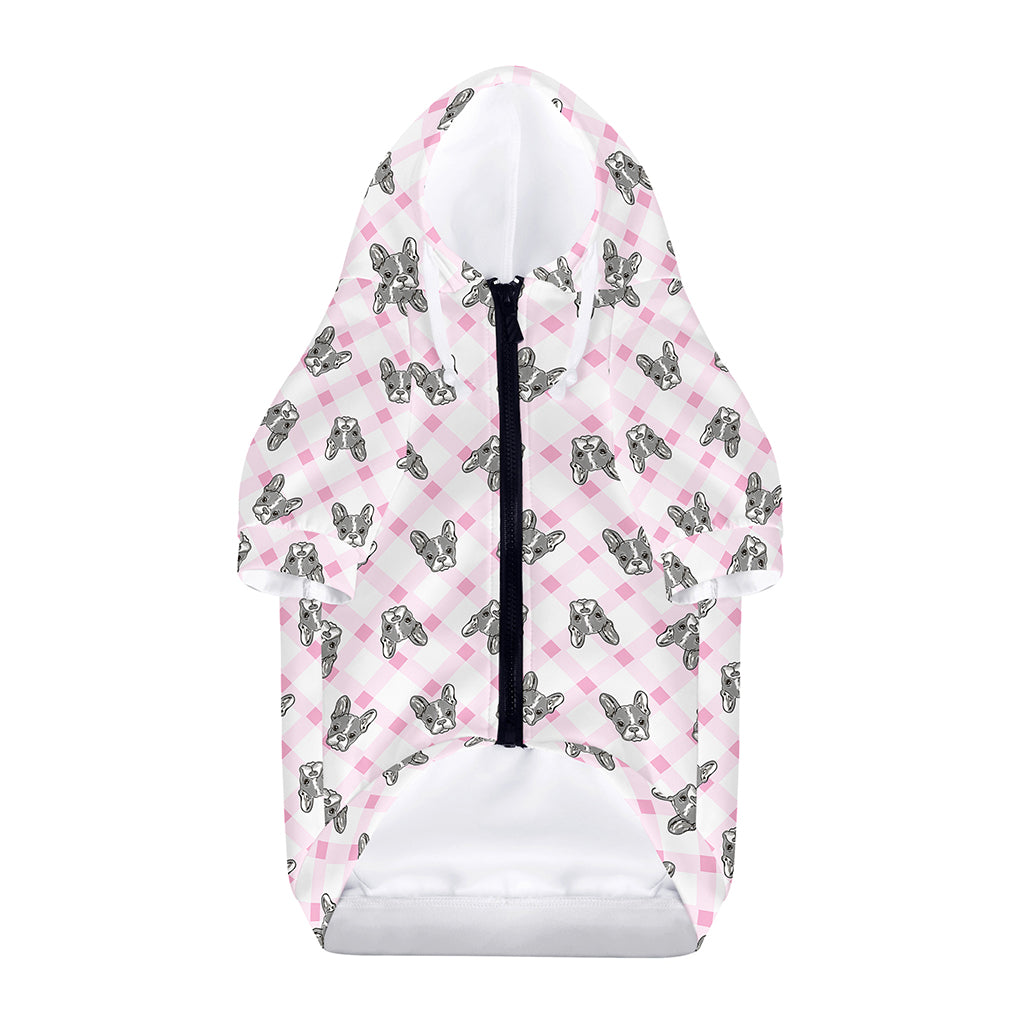Pink Boston Terrier Plaid Print Dog Zip Up Hoodie
