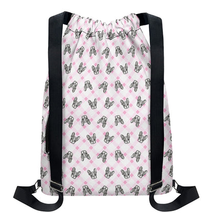 Pink Boston Terrier Plaid Print Drawstring Backpack