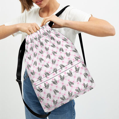 Pink Boston Terrier Plaid Print Drawstring Backpack