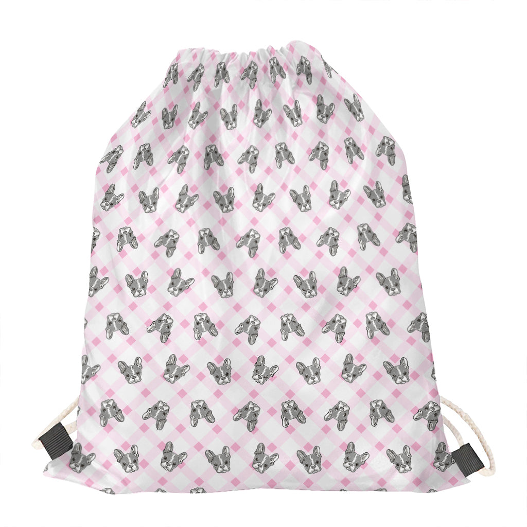 Pink Boston Terrier Plaid Print Drawstring Bag