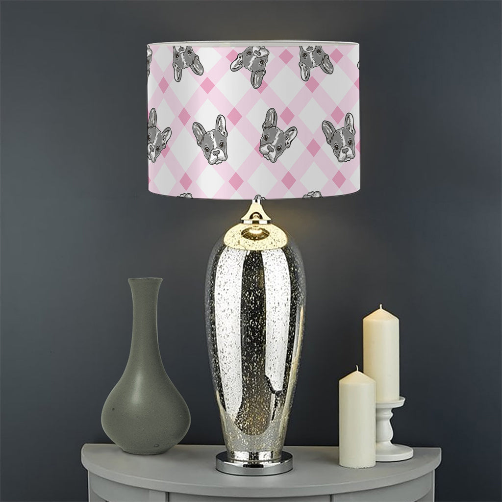 Pink Boston Terrier Plaid Print Drum Lamp Shade