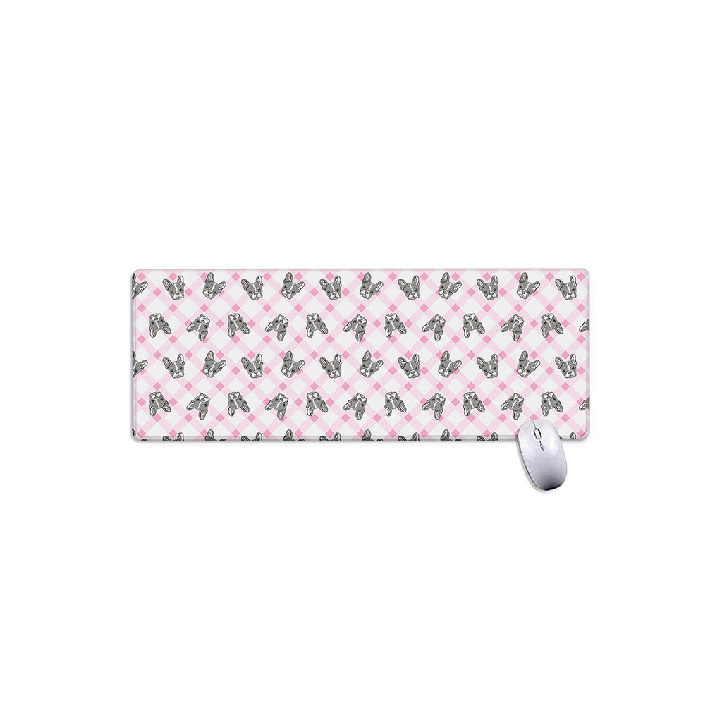 Pink Boston Terrier Plaid Print Extended Mouse Pad