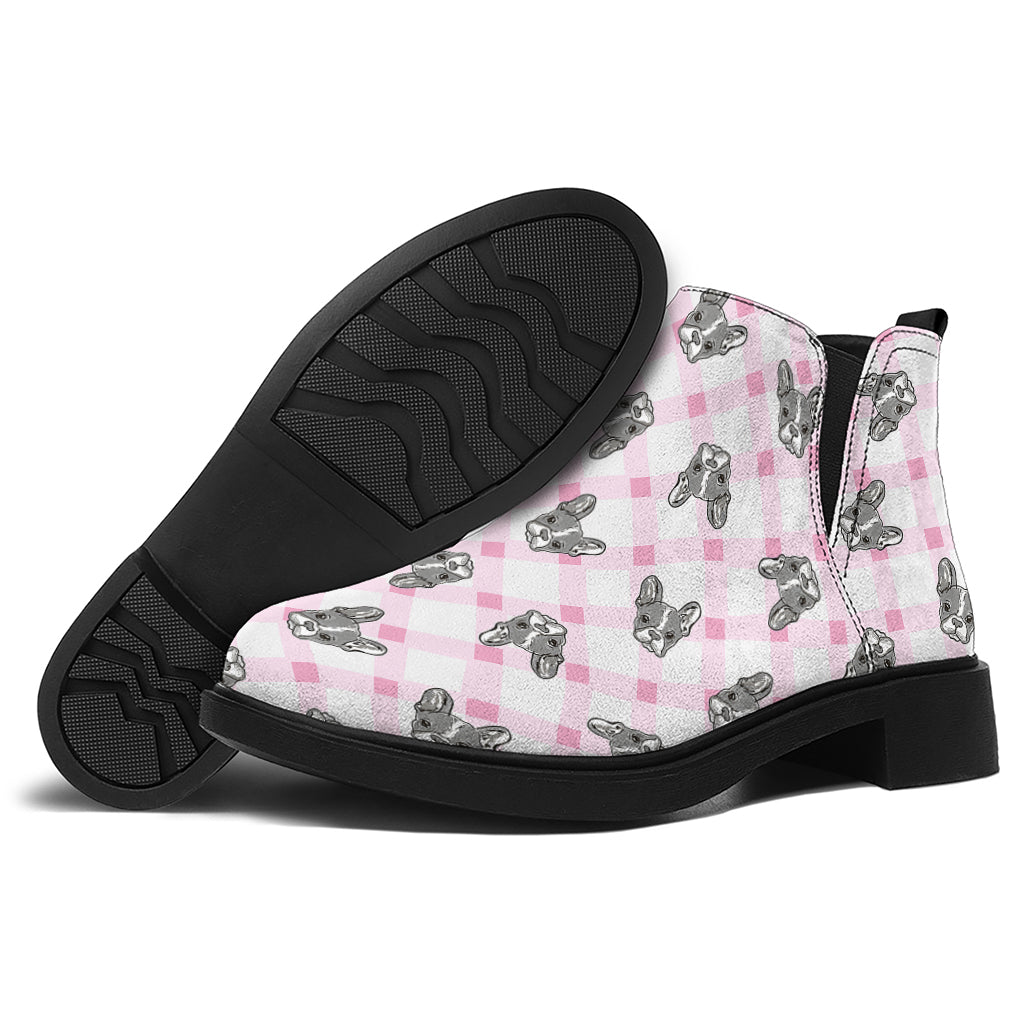 Pink Boston Terrier Plaid Print Flat Ankle Boots