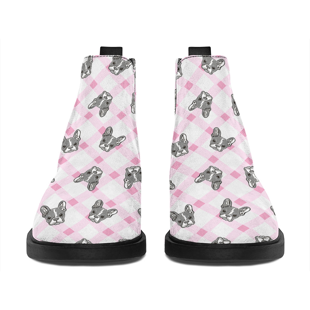 Pink Boston Terrier Plaid Print Flat Ankle Boots