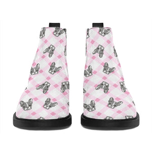 Pink Boston Terrier Plaid Print Flat Ankle Boots