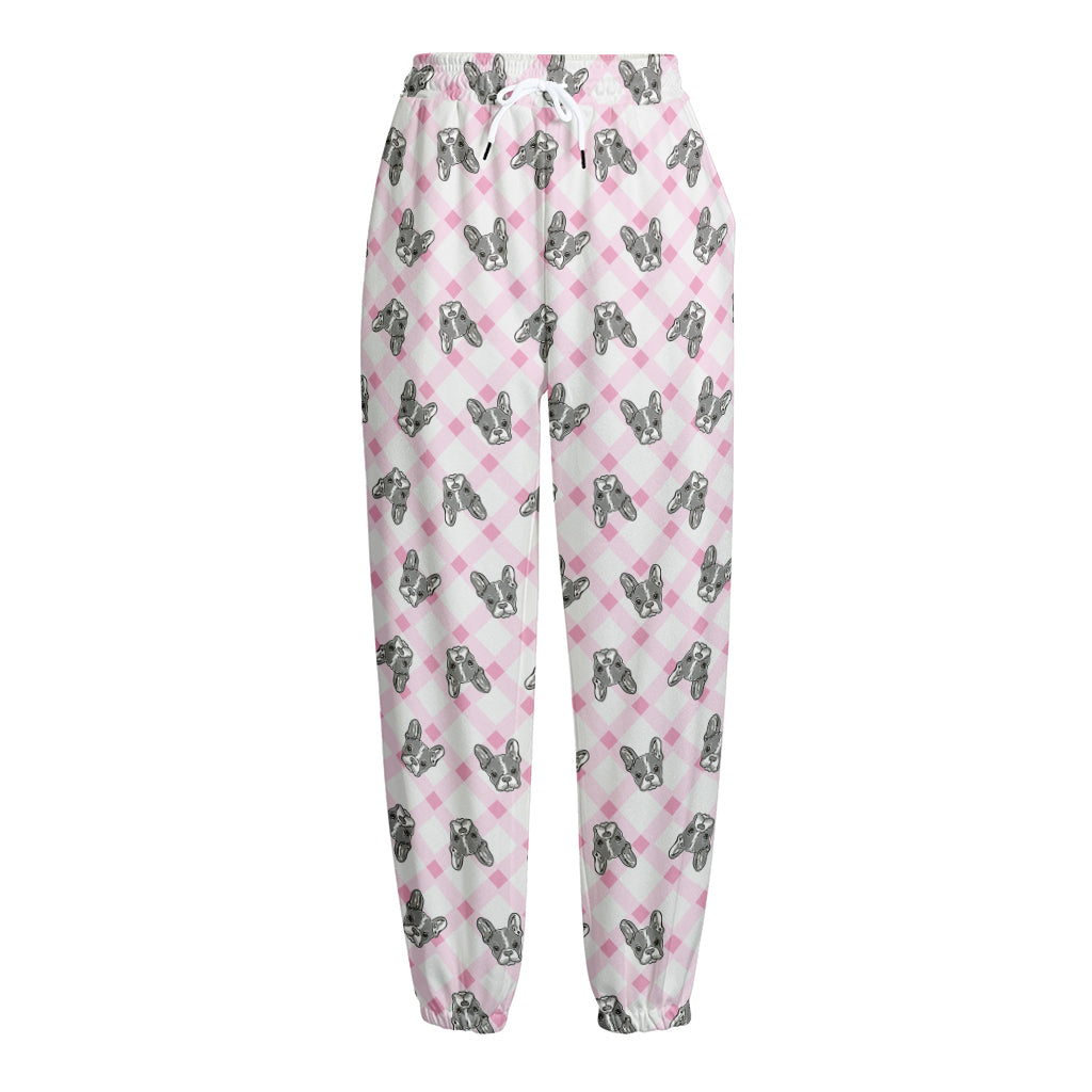 Pink Boston Terrier Plaid Print Fleece Lined Knit Pants