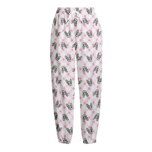 Pink Boston Terrier Plaid Print Fleece Lined Knit Pants