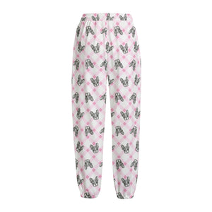 Pink Boston Terrier Plaid Print Fleece Lined Knit Pants