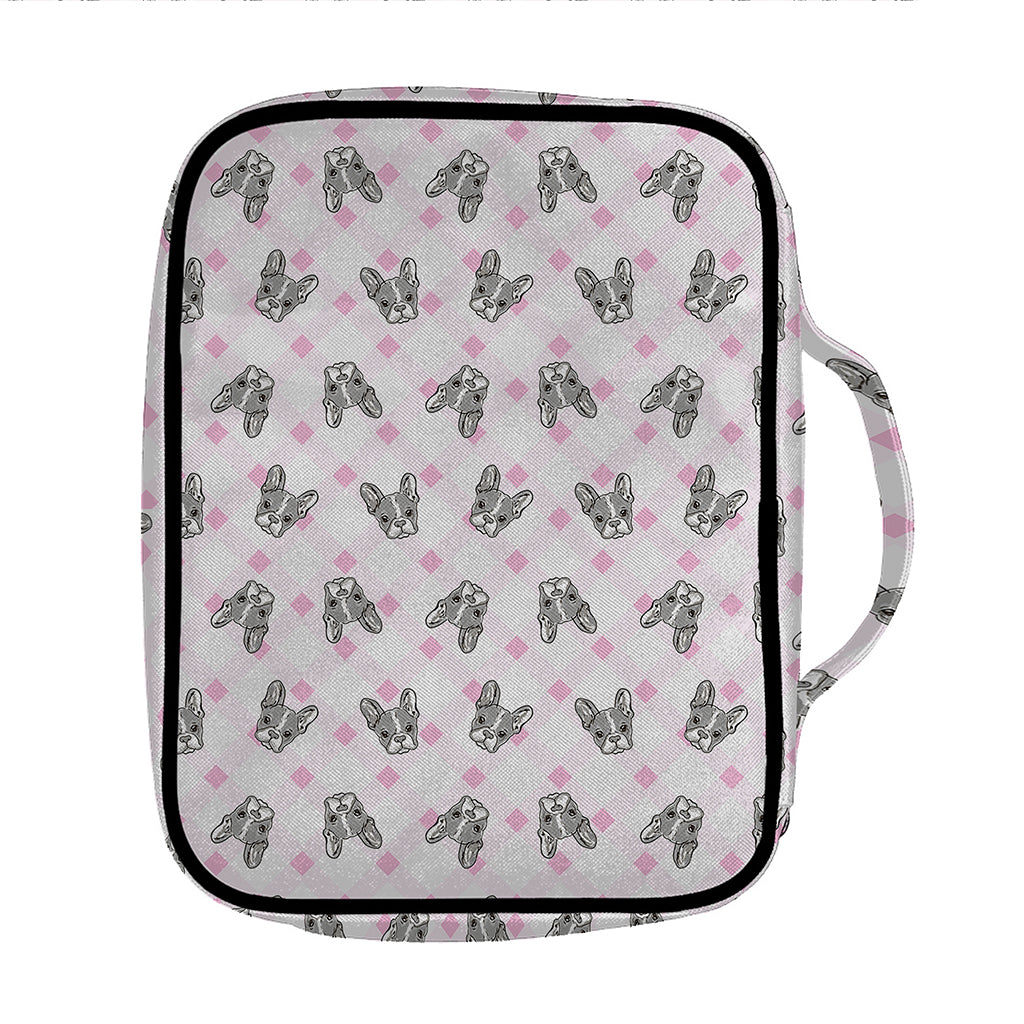 Pink Boston Terrier Plaid Print Front Pocket Bible Bag