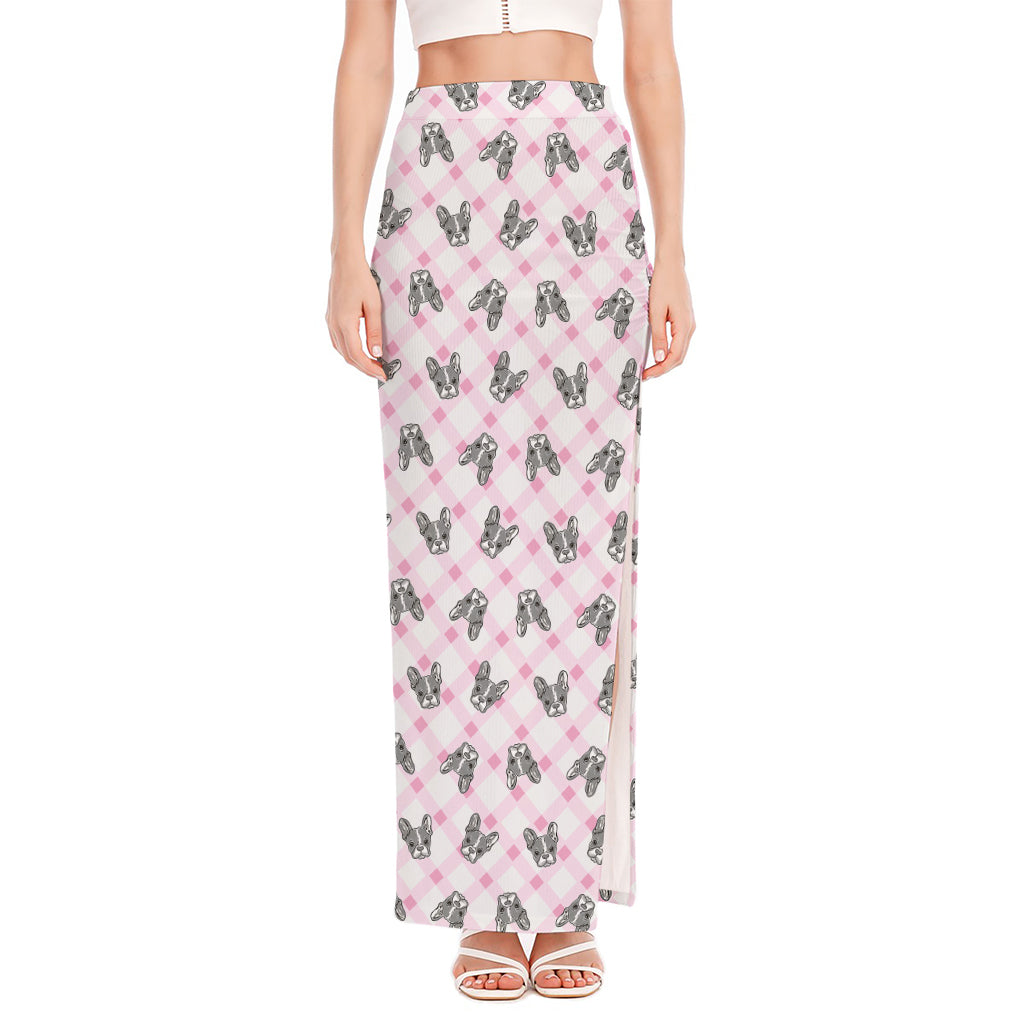 Pink Boston Terrier Plaid Print High Slit Maxi Skirt