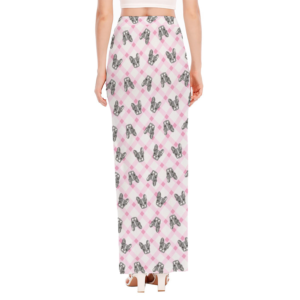 Pink Boston Terrier Plaid Print High Slit Maxi Skirt