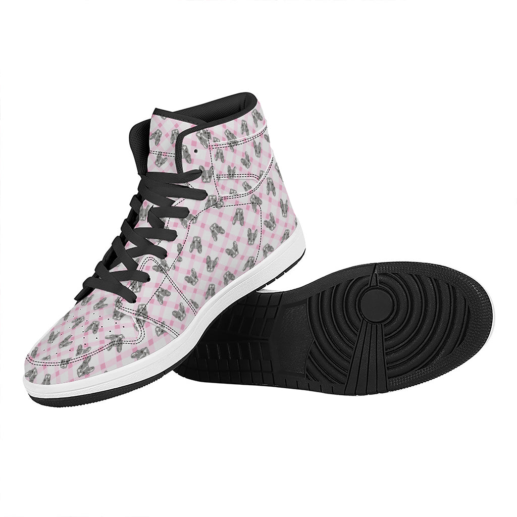 Pink Boston Terrier Plaid Print High Top Leather Sneakers