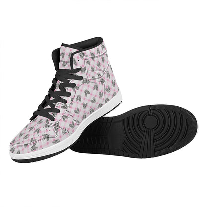 Pink Boston Terrier Plaid Print High Top Leather Sneakers