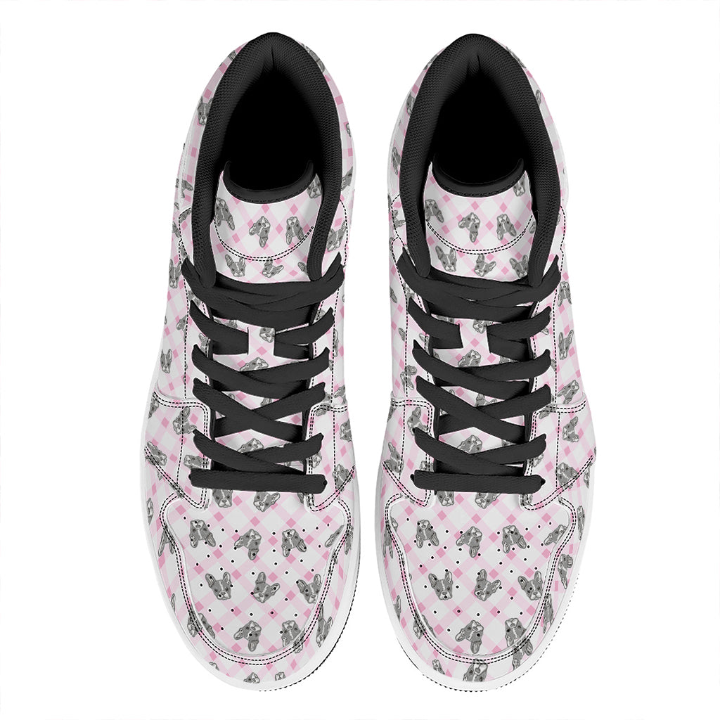 Pink Boston Terrier Plaid Print High Top Leather Sneakers