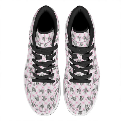Pink Boston Terrier Plaid Print High Top Leather Sneakers